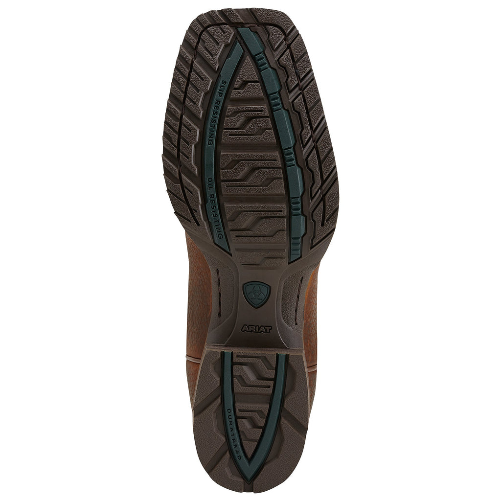 Bottom sole view of Ariat men's western boot showing slip and oil resistant outsole tread pattern