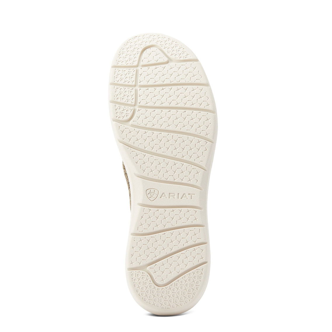 Bottom sole view of Ariat sneaker showing textured tread pattern and brand logo