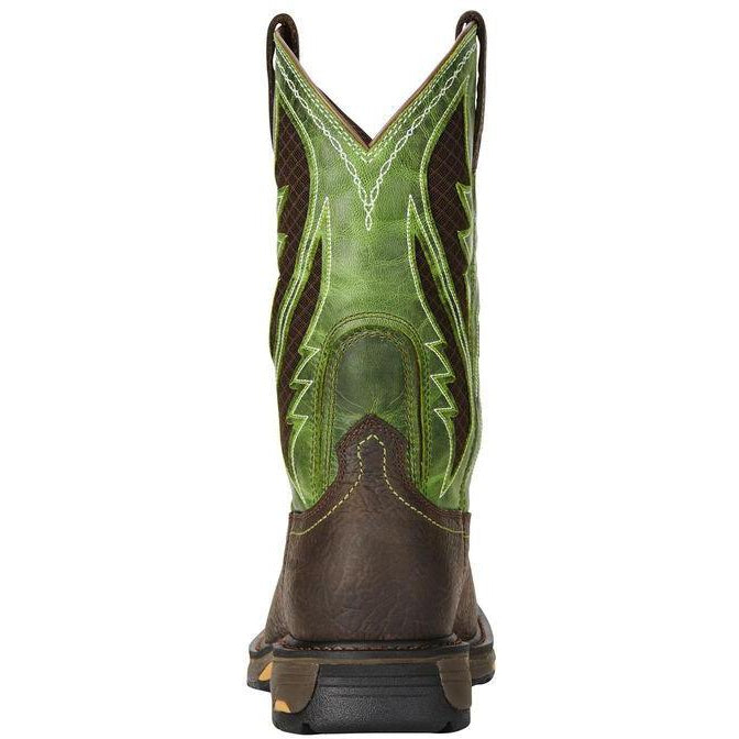 Rear view of men's wide square toe western work boot with decorative stitching