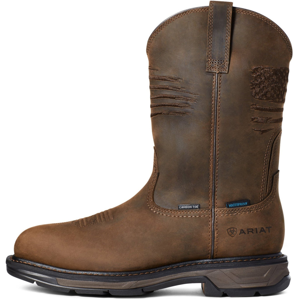 Ariat men's pull-on western work boot with carbon toe and waterproof construction, side view