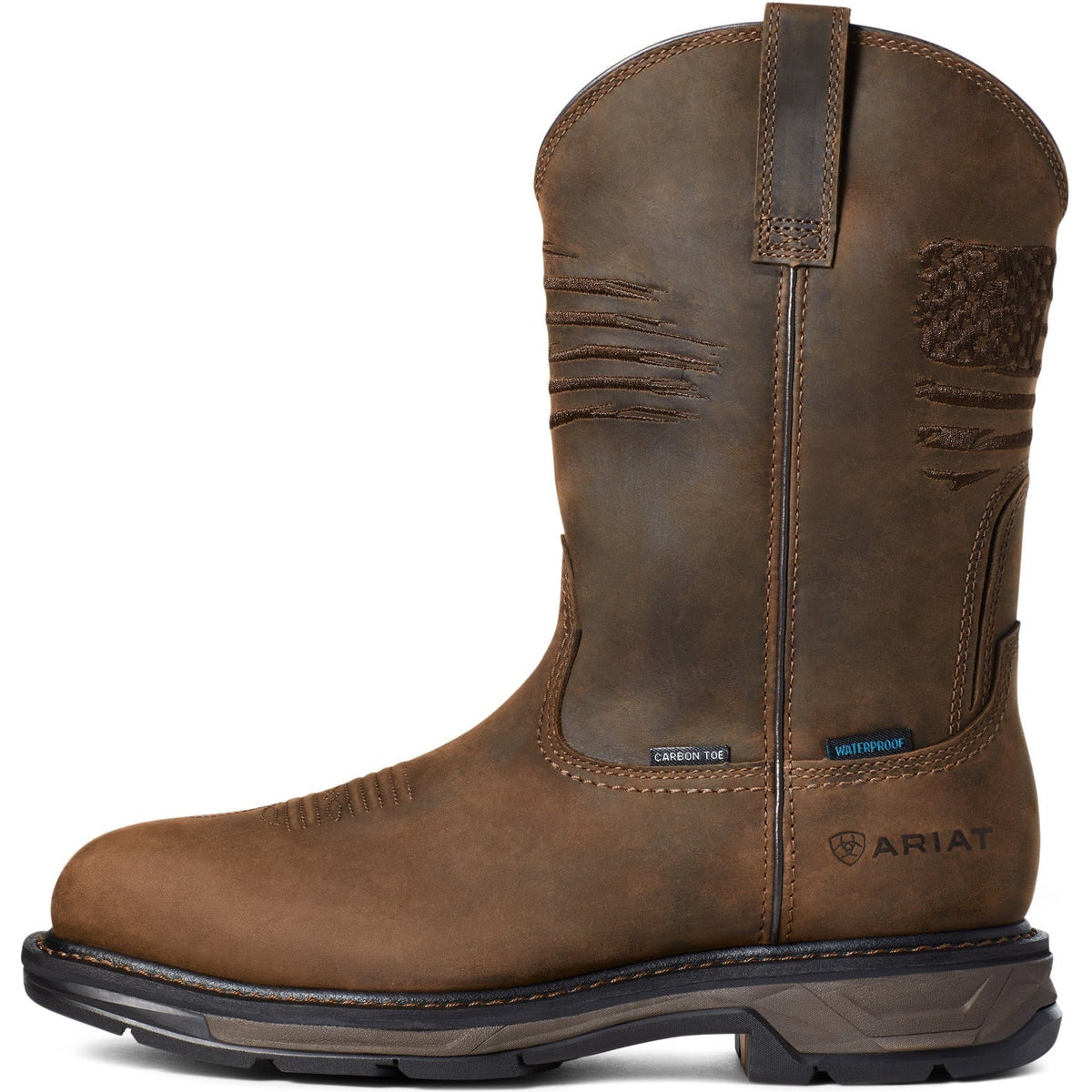 Ariat men's pull-on western work boot with carbon toe and waterproof construction, side view