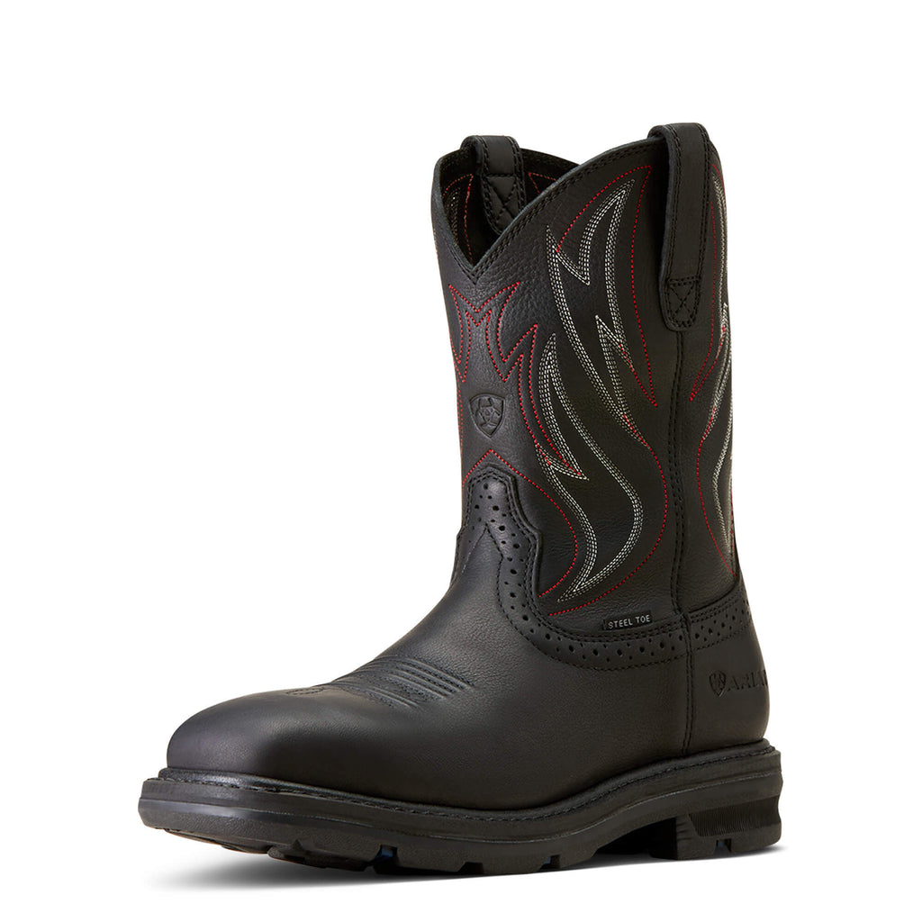 Ariat mens black leather western work boot with steel toe and flame stitching