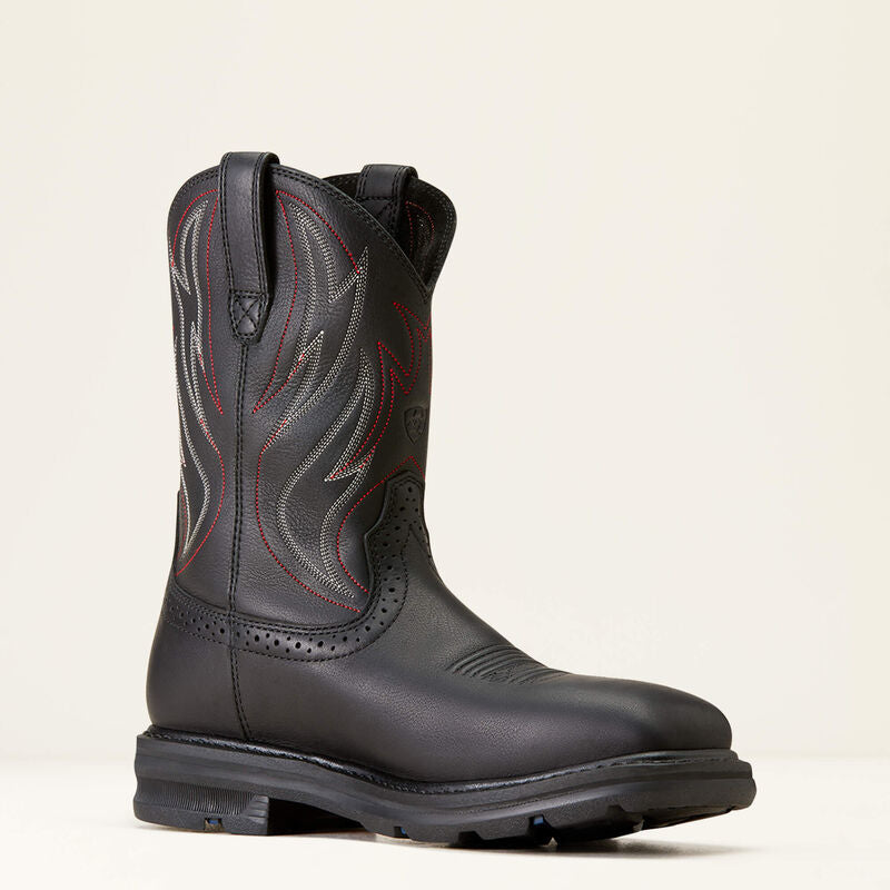 Ariat mens black leather western work boot with flame embroidery and lug sole