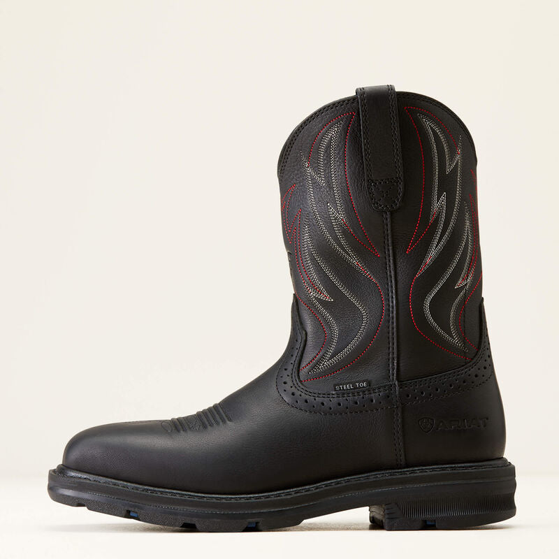 Ariat men's black leather western work boot with steel toe and flame stitching detail