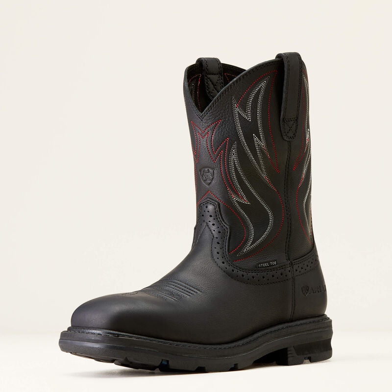 Ariat mens black western work boot with flame stitching and steel toe