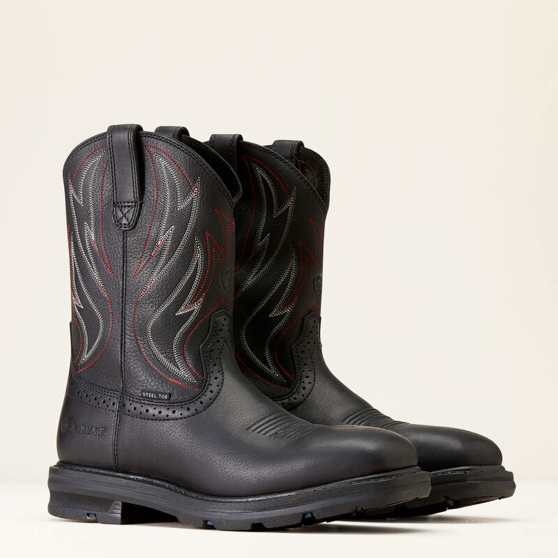 Ariat mens steel toe western work boots with flame embroidery and pull tabs