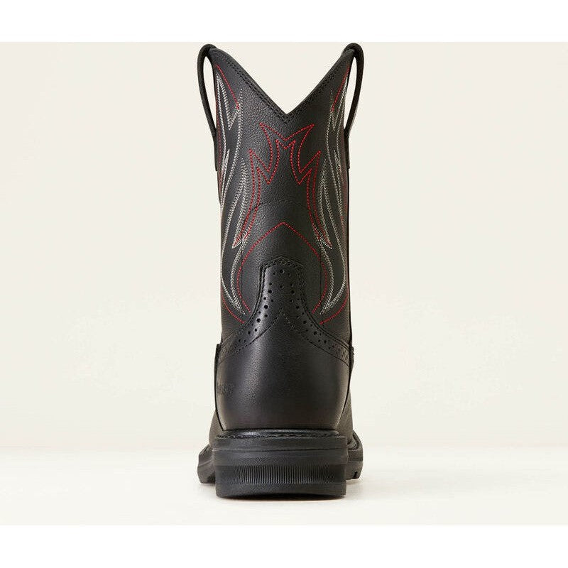 Rear view of men's black western work boot with red and grey embroidery on shaft