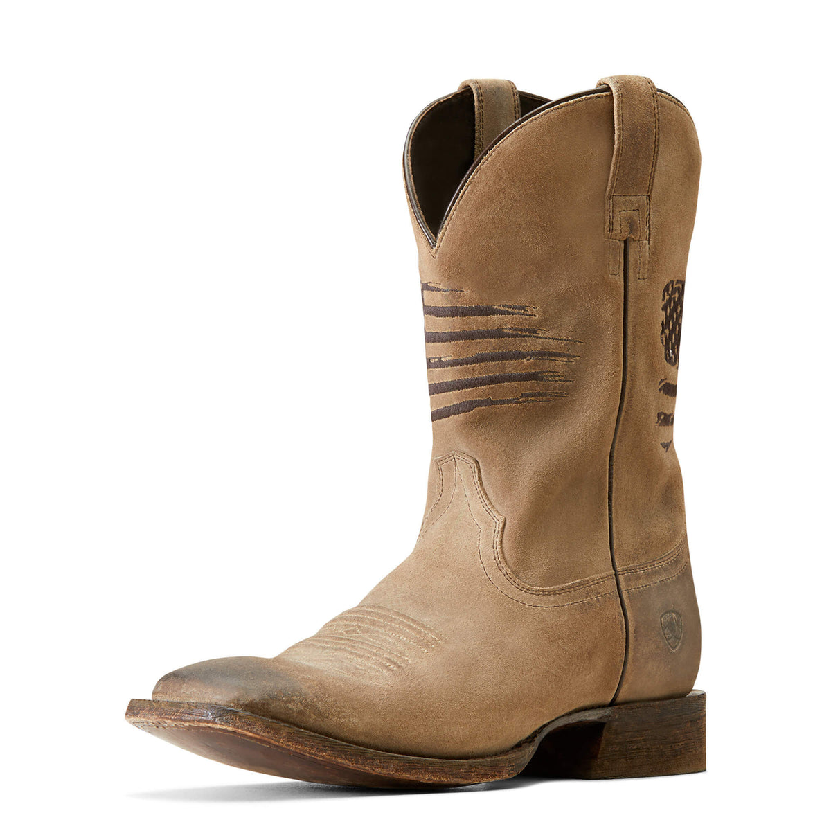 Ariat mens western cowboy boot with square toe, pull straps, and American flag embroidery