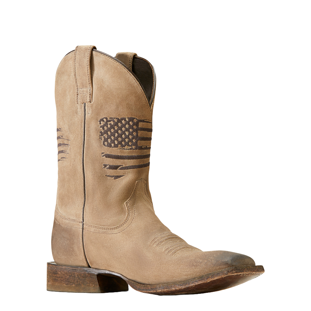 Ariat mens western cowboy boot with embroidered American flag design on shaft