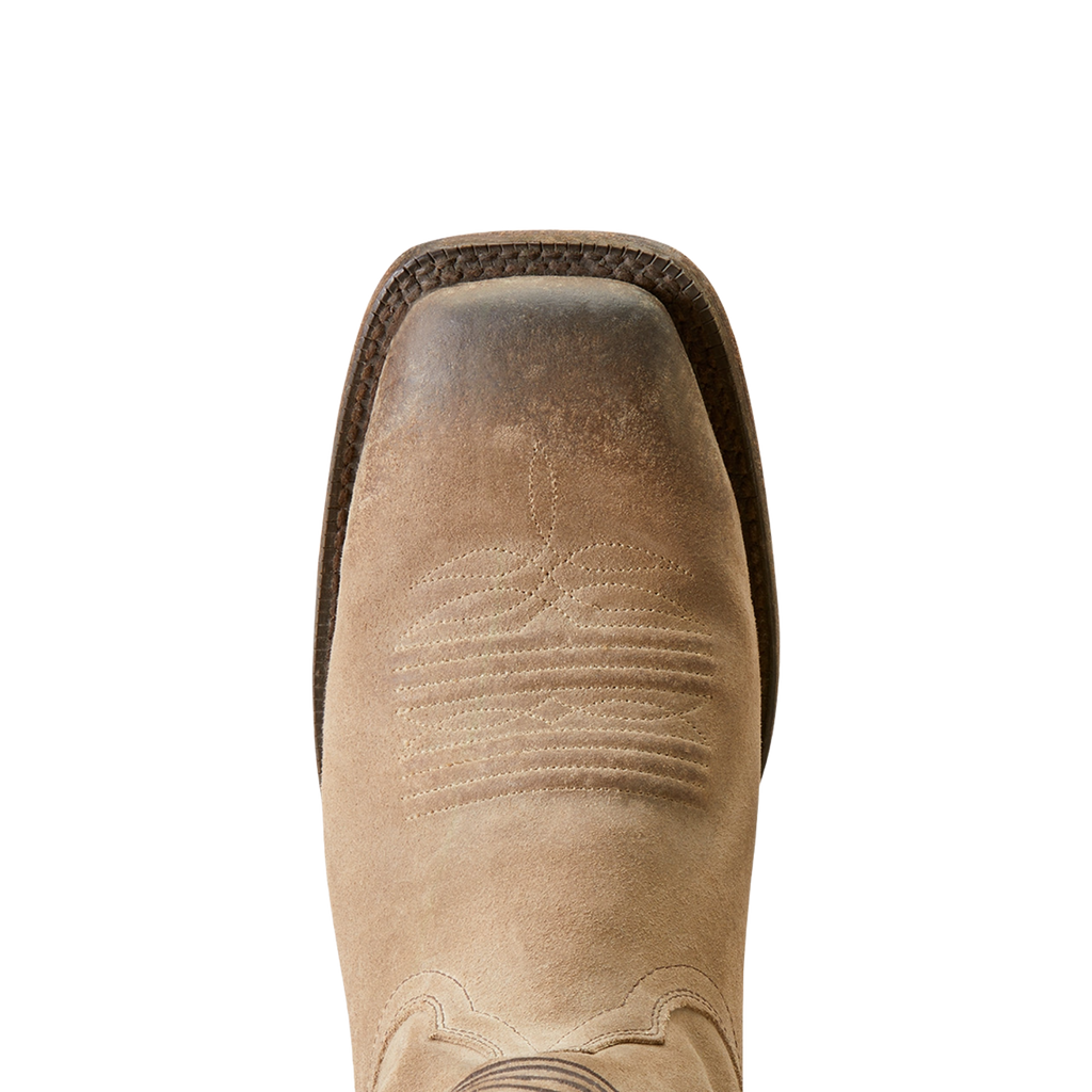 Close-up toe view of a square-toe western cowboy boot with decorative stitching