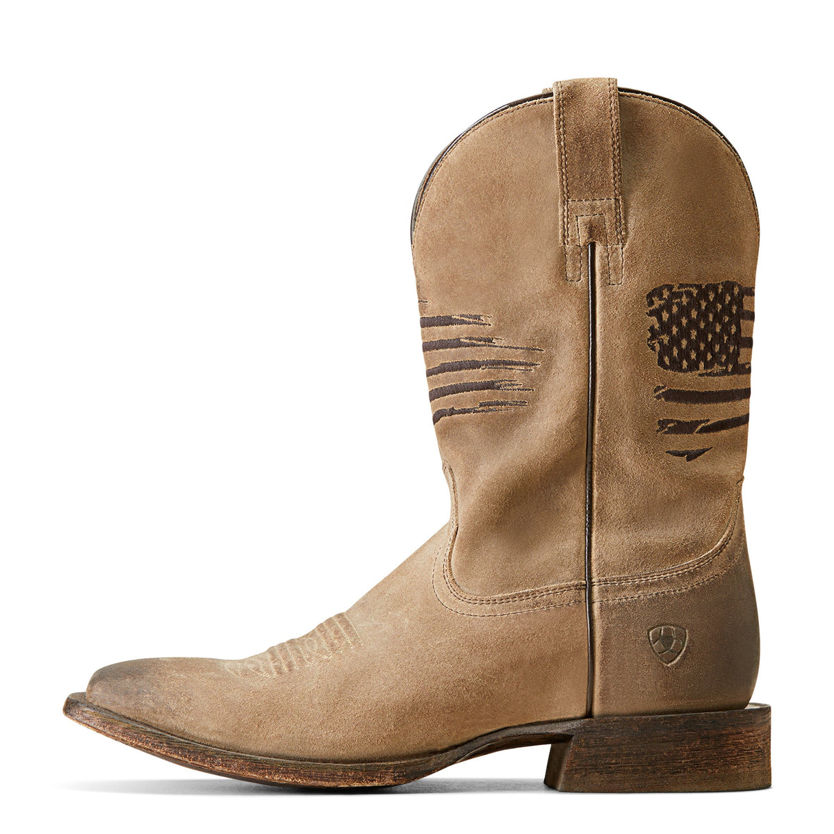 Ariat mens western cowboy boot with distressed American flag embroidery on tan roughout leather