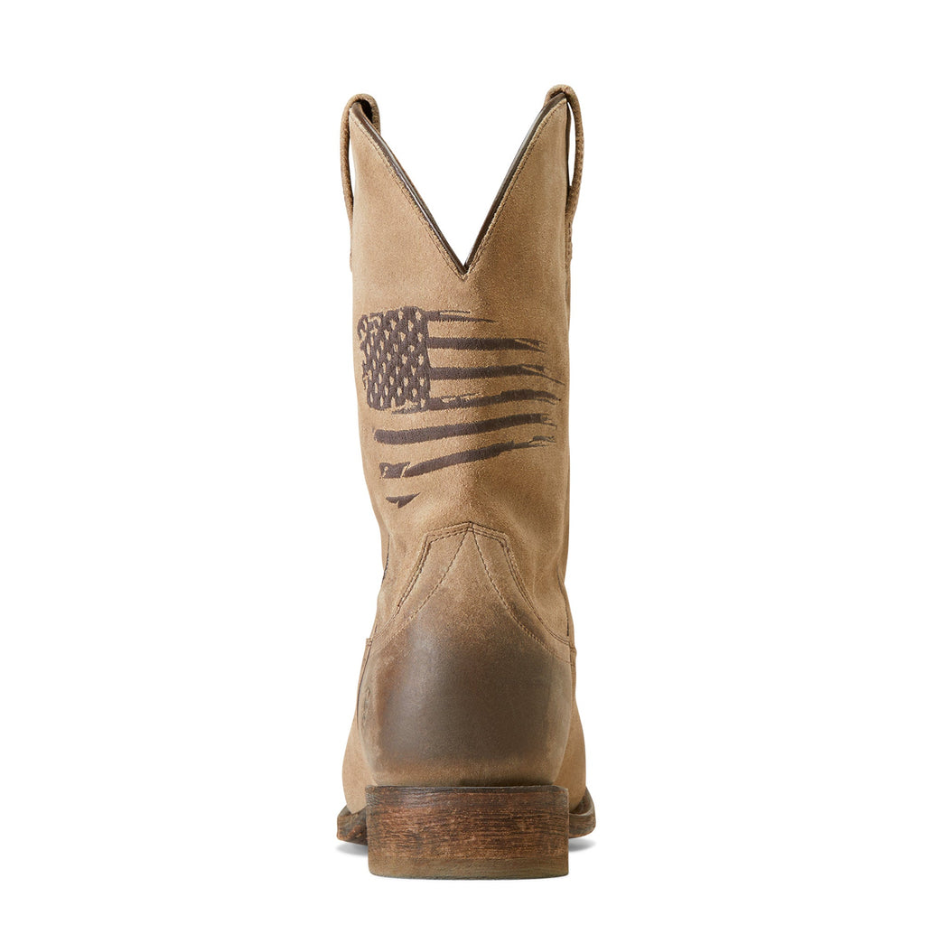 Back view of men's western cowboy boot with distressed American flag graphic on shaft
