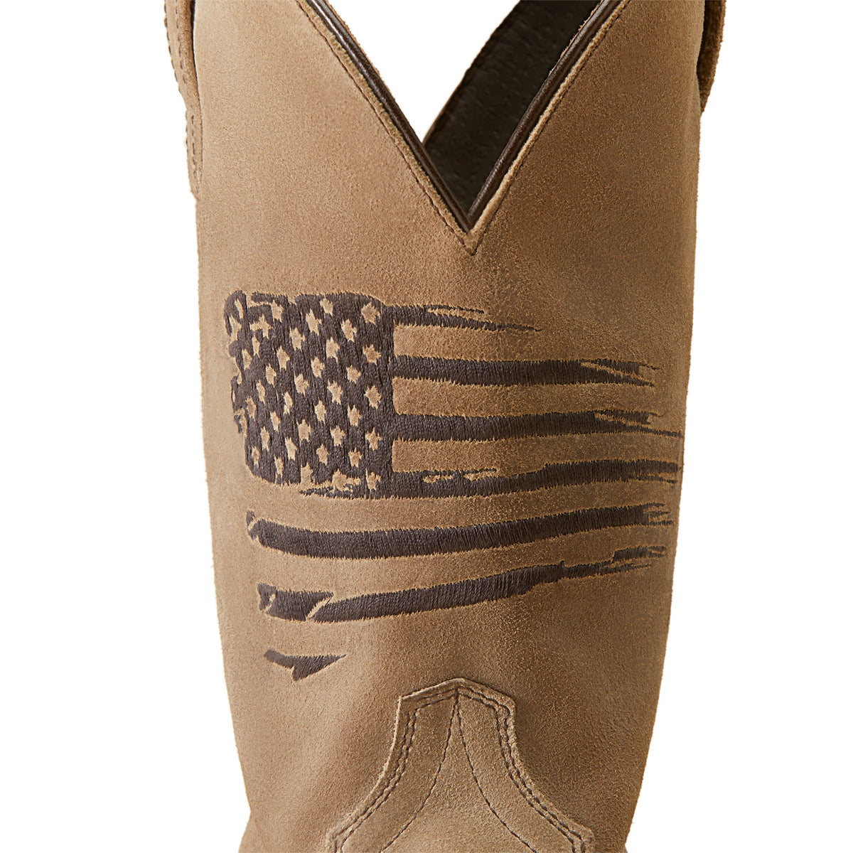 Close-up detail of cowboy boot shaft featuring embroidered distressed American flag design