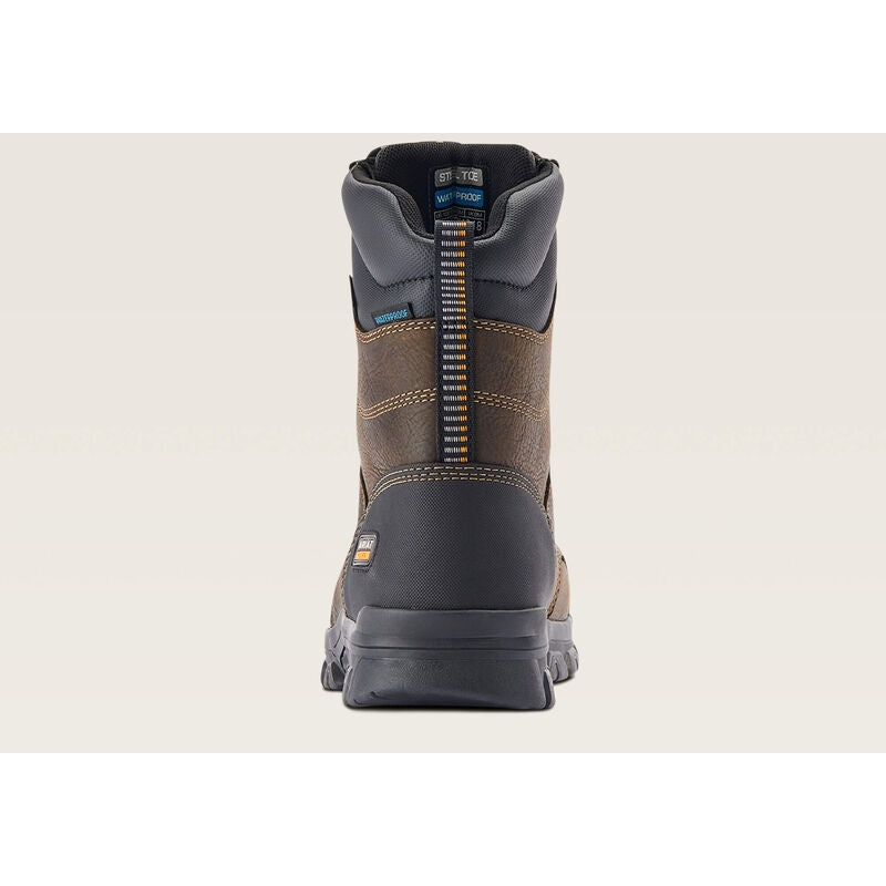 Rear view of a men's tall waterproof steel toe work boot with multicolor pull loop
