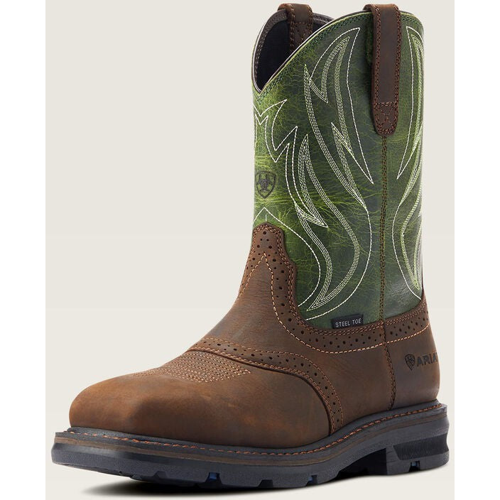 Ariat mens steel toe western work boot with green shaft and brown leather foot