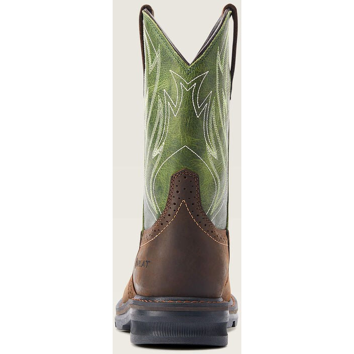 Rear view of Ariat western cowboy boot with green embroidered shaft and brown foot