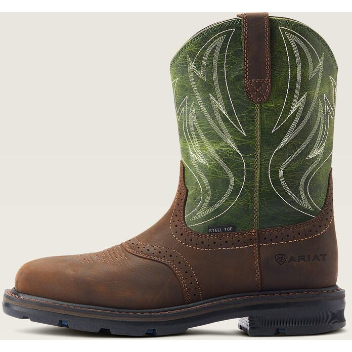 Ariat mens steel toe western work boot with green embroidered shaft and brown foot