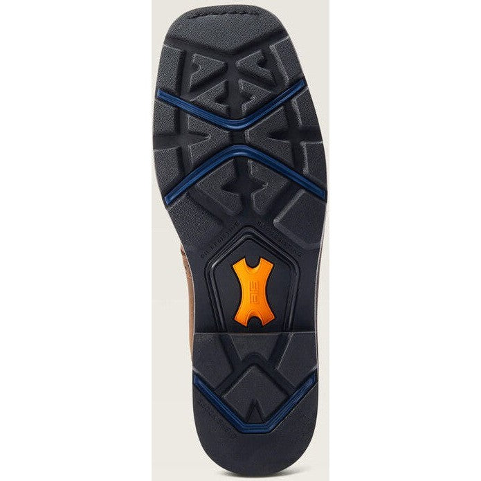Bottom sole view of Ariat mens work boot showing tread pattern and orange heel insert