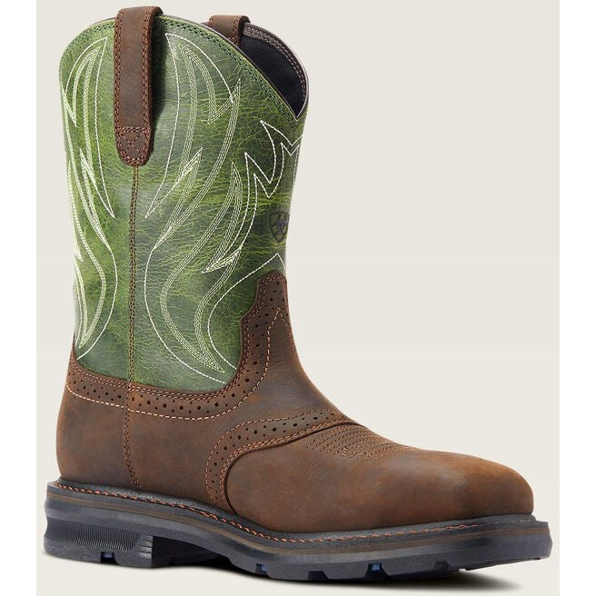 Ariat mens western work boot with brown vamp and green embroidered shaft