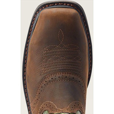 Close-up toe detail of a dark brown leather western work boot with decorative stitching
