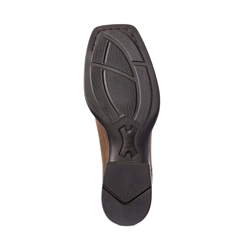 Bottom sole view of Ariat western boot showing textured rubber outsole with logo branding