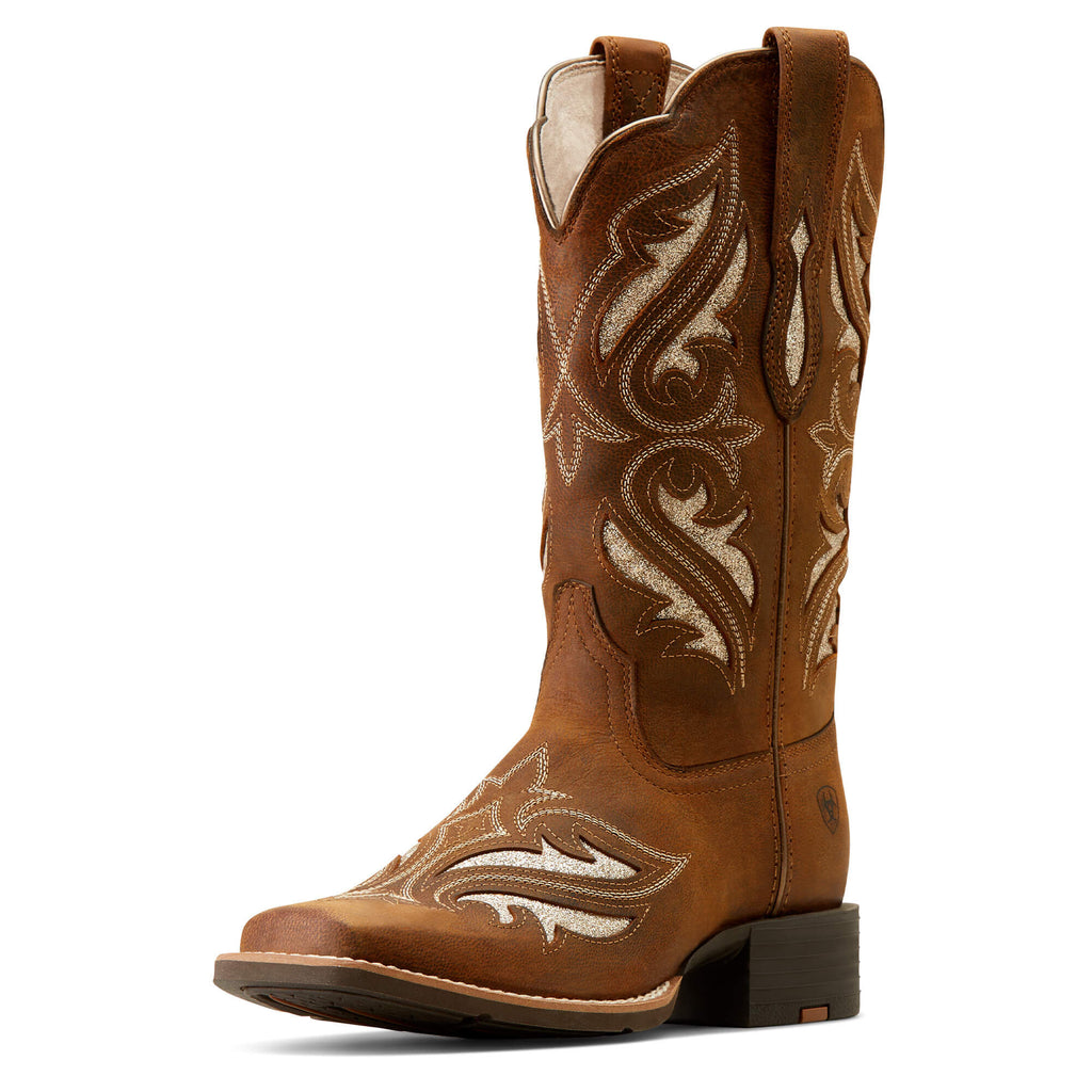 Ariat womens tall western cowboy boot with ornate embroidery on brown leather