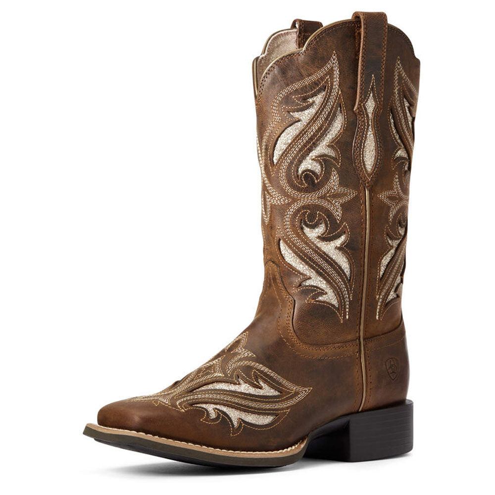 Ariat womens brown leather western cowboy boot with cream embroidery detail and square toe