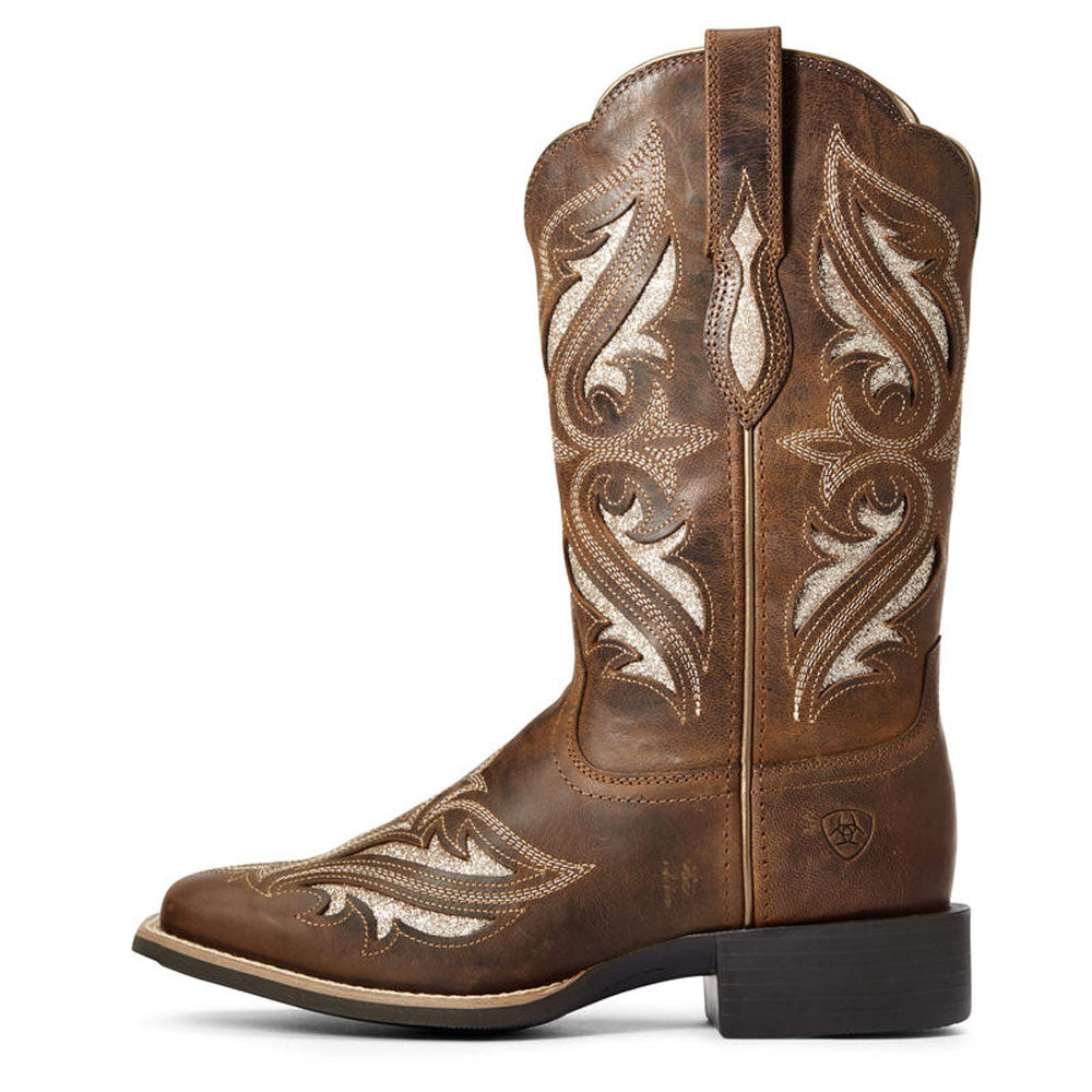 Ariat womens western cowboy boot with cream embroidery on brown leather shaft