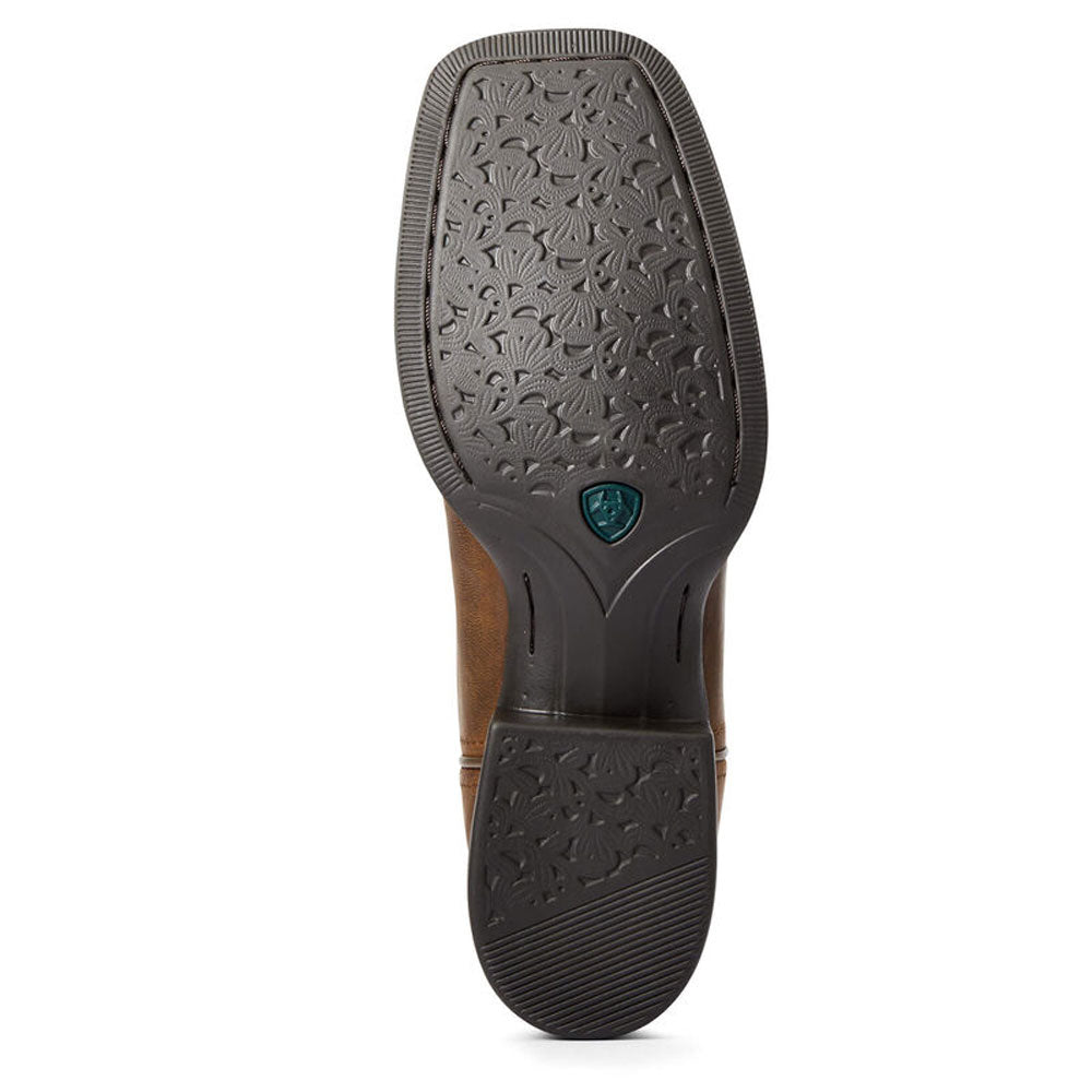 Bottom sole view of Ariat womens western cowboy boot showing tread pattern and brand logo