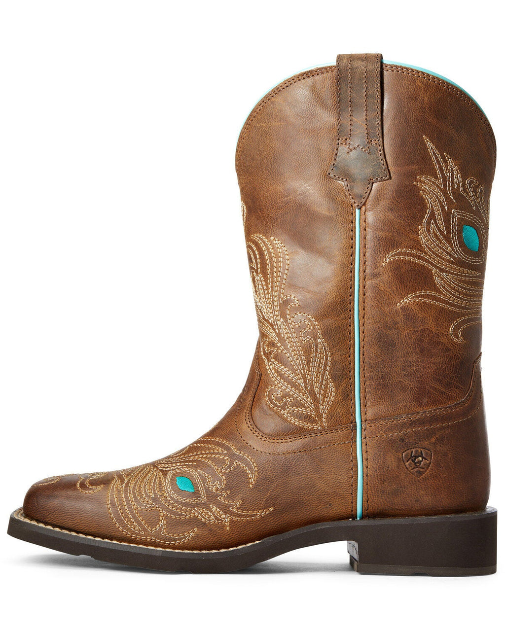Ariat women's western cowboy boot with gold embroidery and turquoise accent details, side view