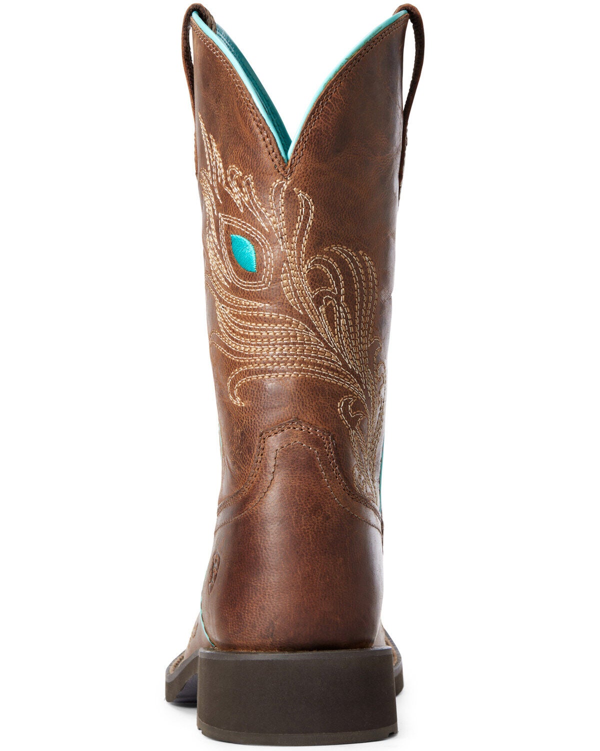Ariat women's cowboy boot rear view with peacock feather embroidery and turquoise accent