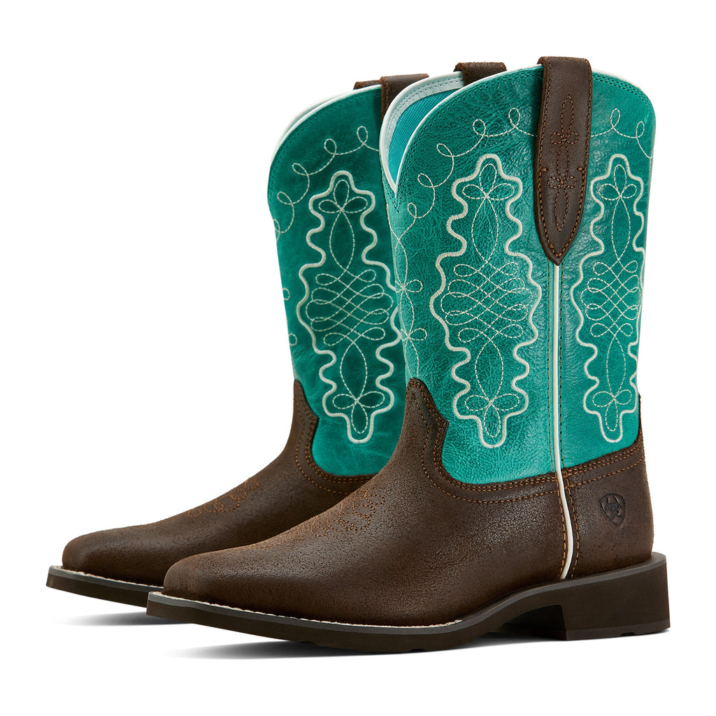 Ariat women's western cowboy boots with brown foot and turquoise embroidered shaft