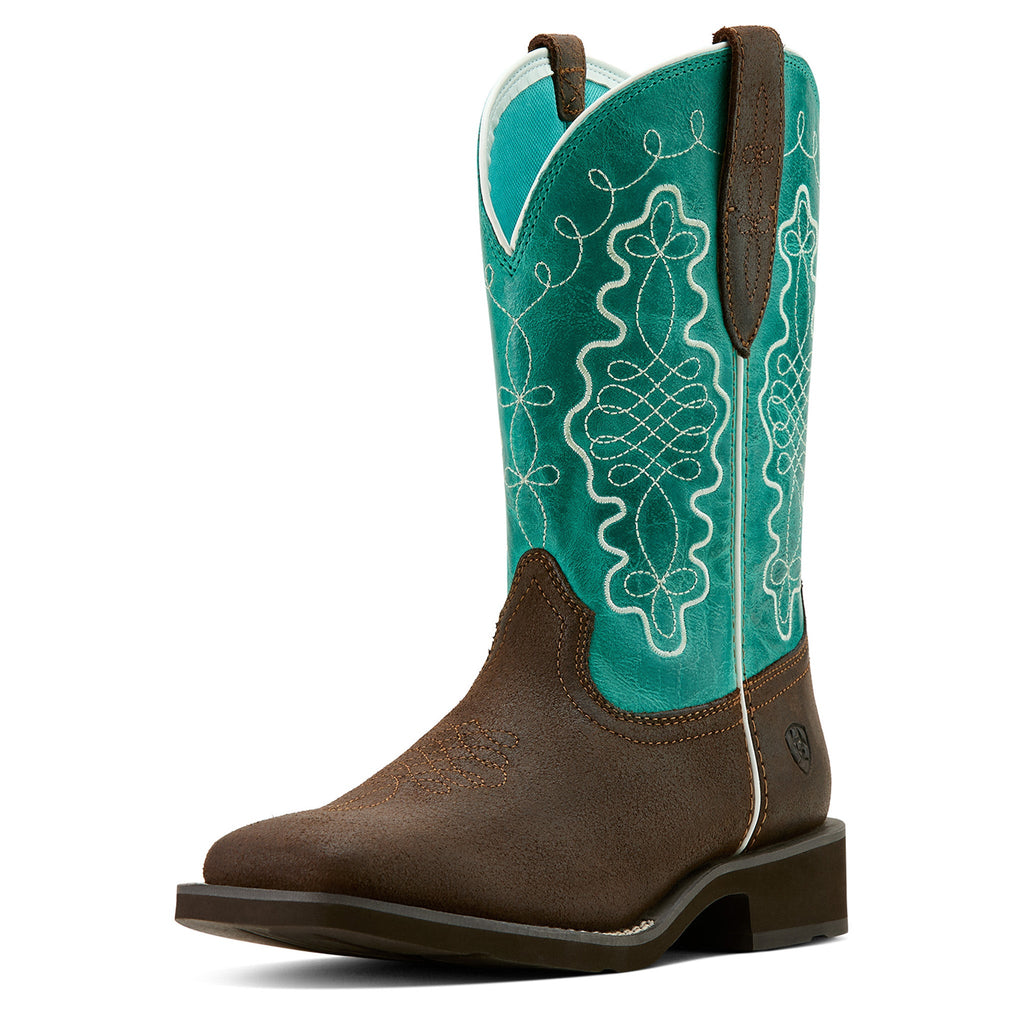 Ariat womens wide square toe pull-on western boot with turquoise embroidered shaft