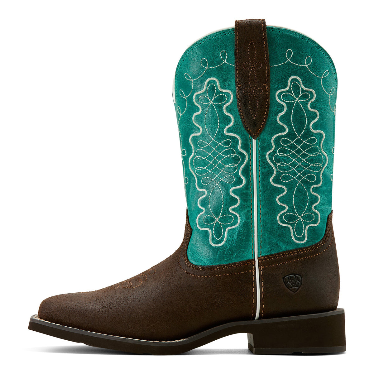 Ariat women's western cowboy boot with turquoise embroidered shaft and brown leather foot