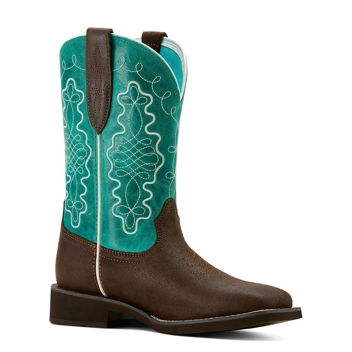 Ariat women's western cowboy boot with turquoise embroidered shaft and brown leather foot