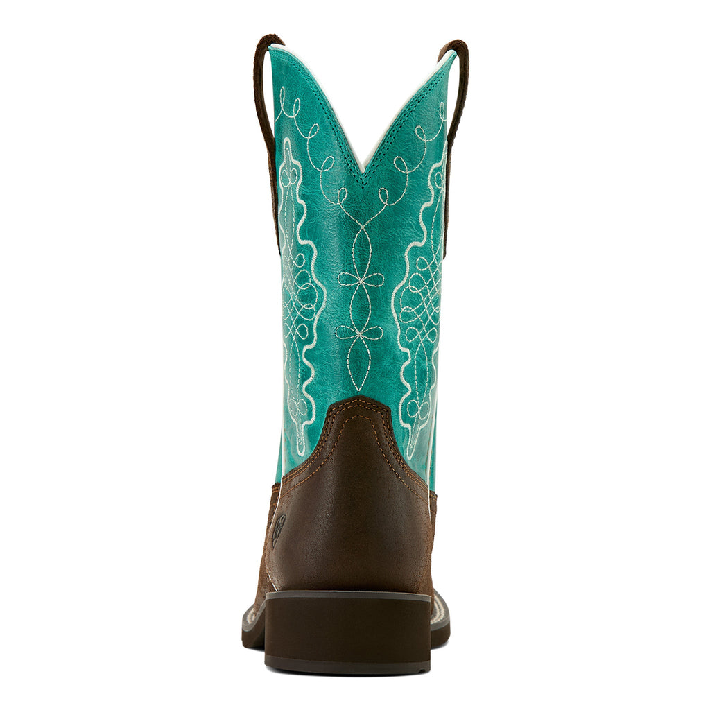 Rear view of a womens western cowboy boot with turquoise embroidered shaft and brown foot