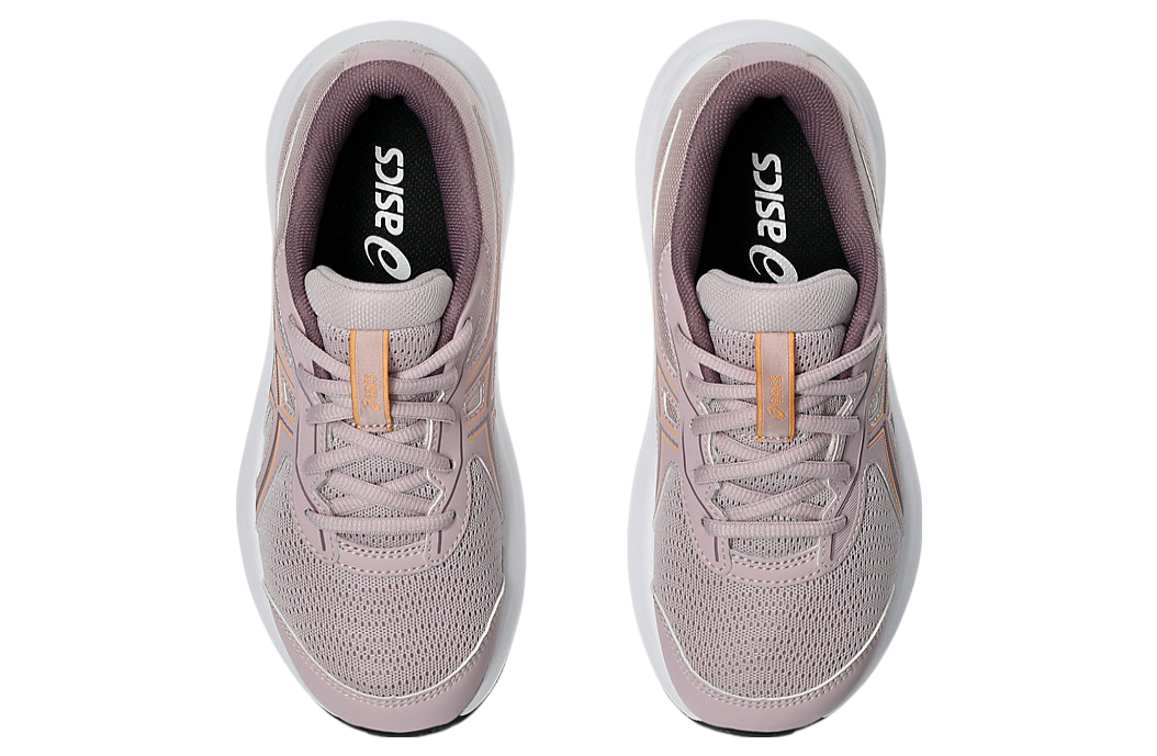 Top-down view of a pair of ASICS girls running shoes with mesh upper and lace closure
