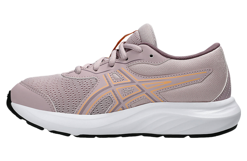 ASICS girls running shoe with mesh upper, gold logo, and white cushioned sole, lateral view