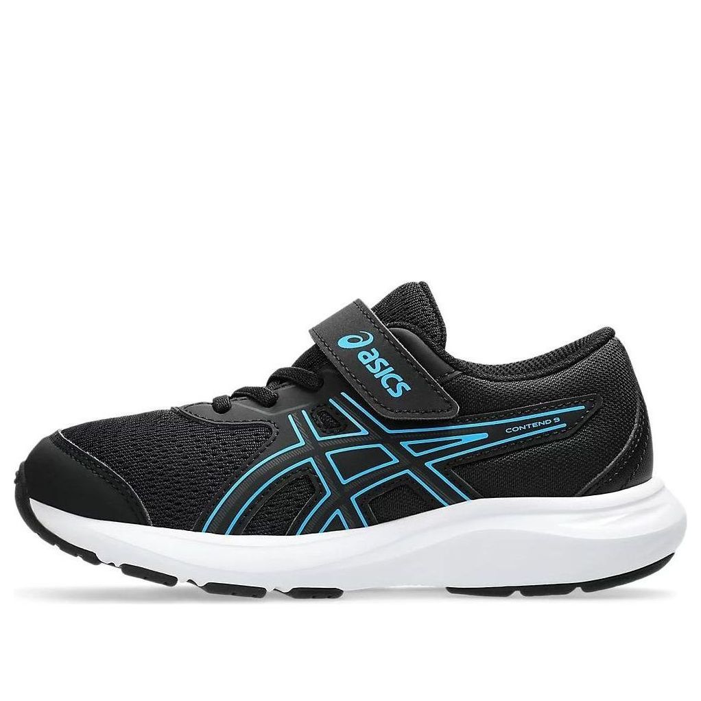 ASICS Contend 9 PS kids running shoe with velcro strap, lateral side view