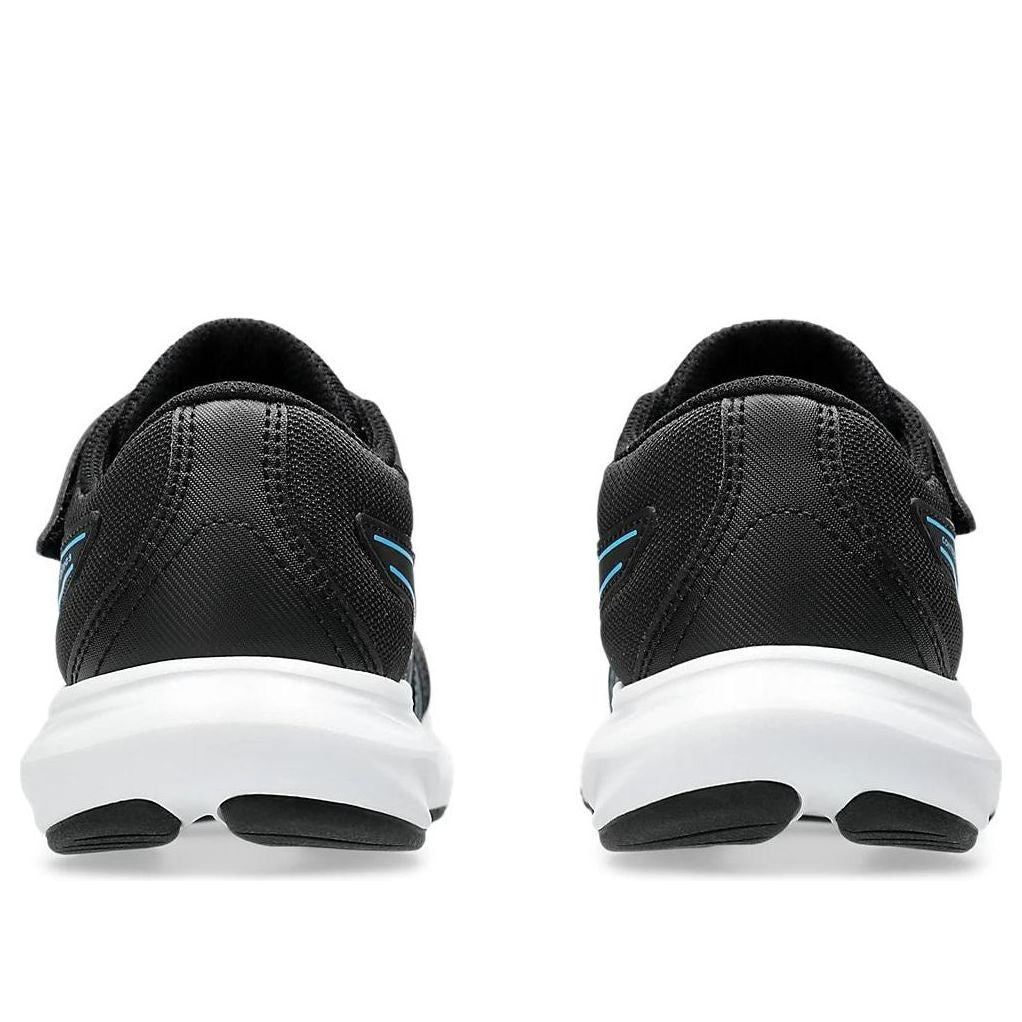 Rear view of boys black athletic running shoes with velcro strap and white sole