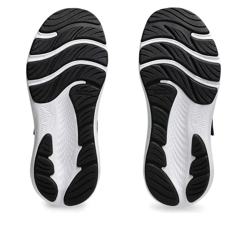 Bottom sole view of Asics boys running shoes showing black and white tread pattern
