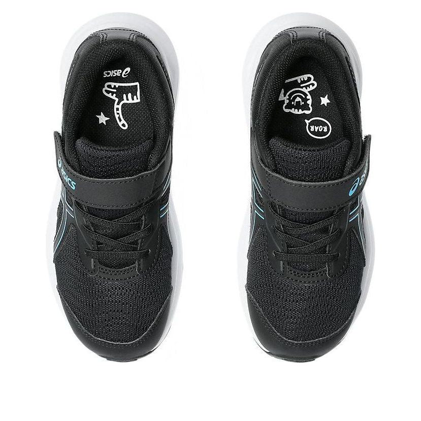 Top-down view of pair of black Asics kids sneakers with velcro strap and dinosaur insole graphic