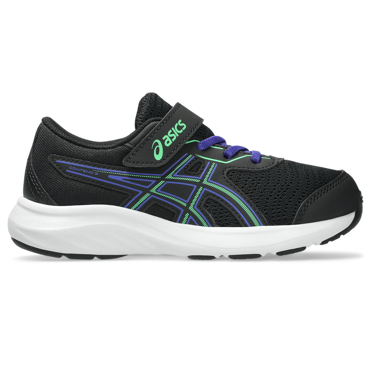 ASICS Contend 9 kids running shoe with velcro strap and purple accent details