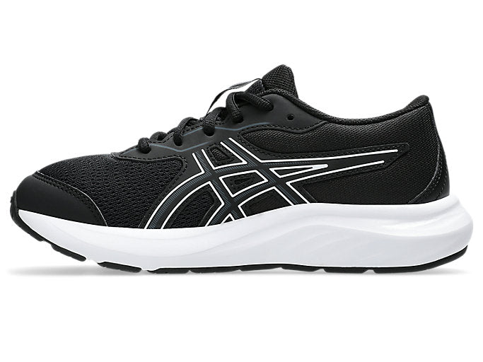 ASICS boys running shoe with black mesh upper and white cushioned midsole, lateral view
