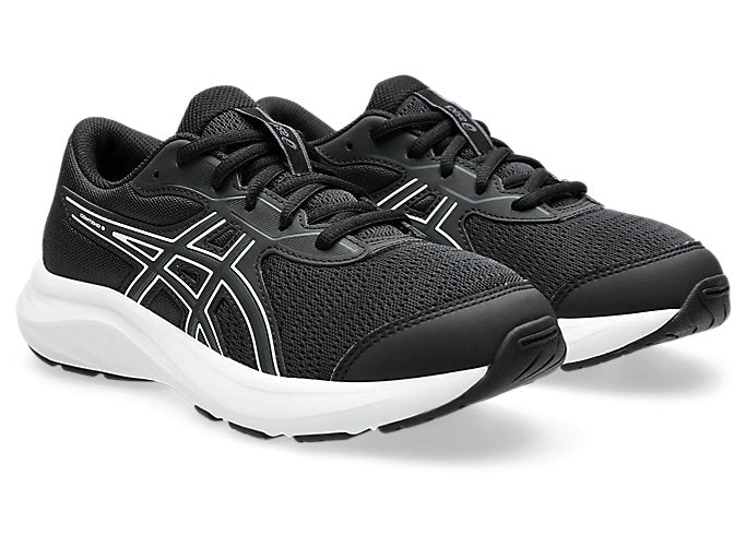 Pair of ASICS boys running shoes with white sole and striped logo detail
