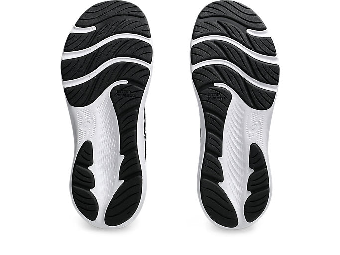Bottom sole view of Asics boys running shoes showing black and white outsole tread pattern