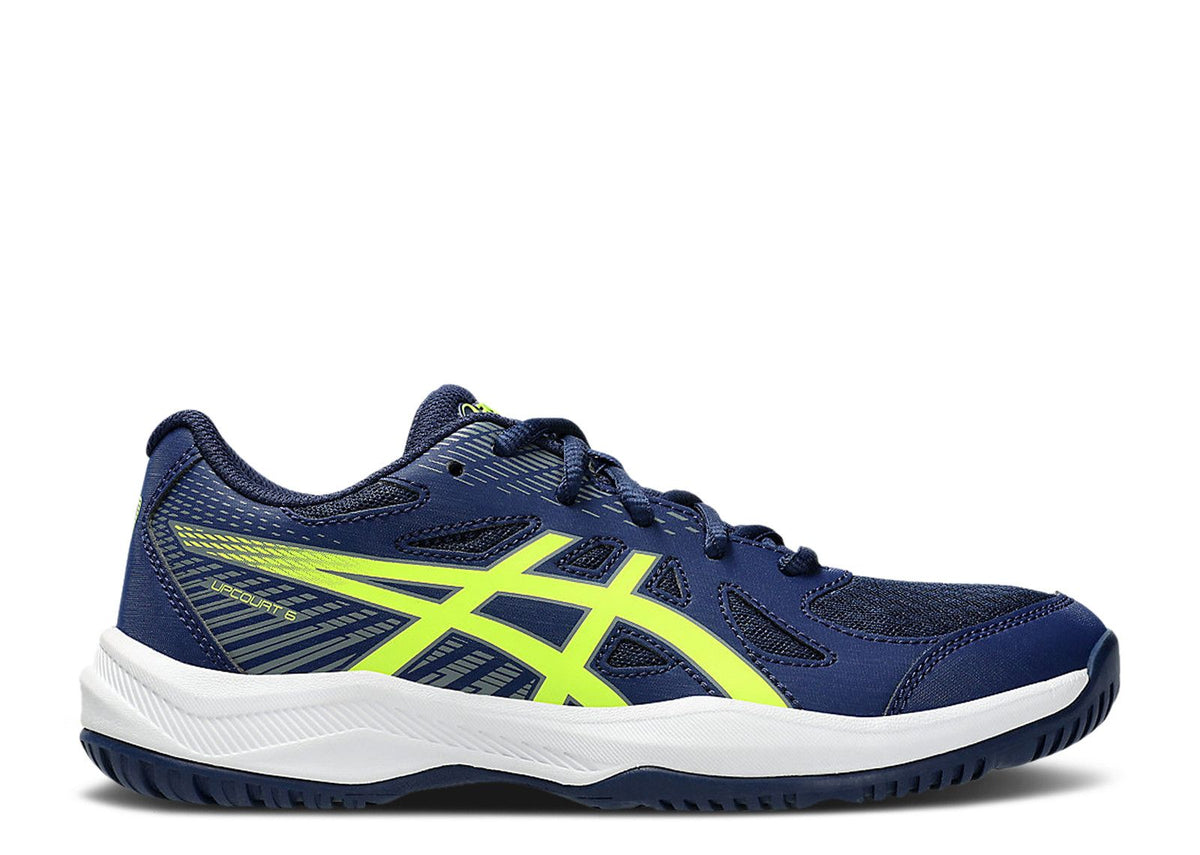 ASICS boys youth court sneaker with neon yellow logo stripe on navy upper