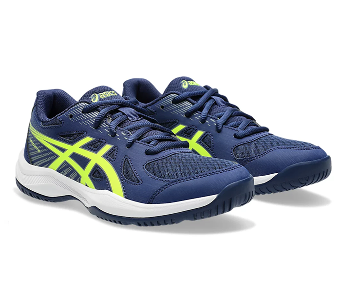 Boys ASICS Upcourt 6 GS volleyball shoes, pair shown at angled three-quarter view