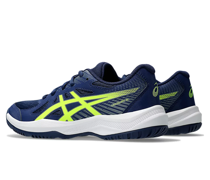 ASICS boys volleyball shoe angled side view showing three-quarter perspective with logo detail