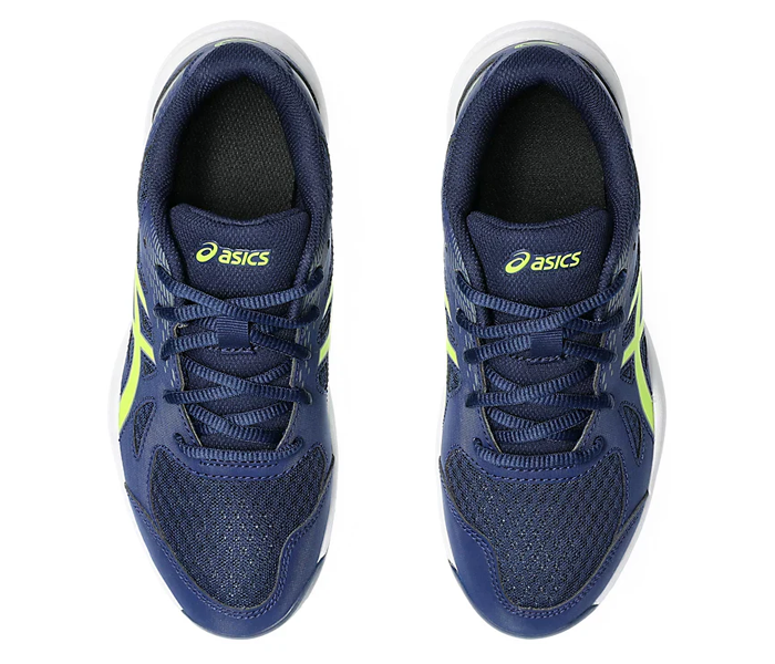 Pair of Asics boys volleyball shoes viewed from above showing laces and branding